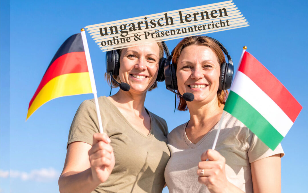 Zwei Frauen mit Headsets, eine hält die ungarische, die andere die deutsche Flagge – Symbolbild für Ungarisch lernen online und im Präsenzunterricht